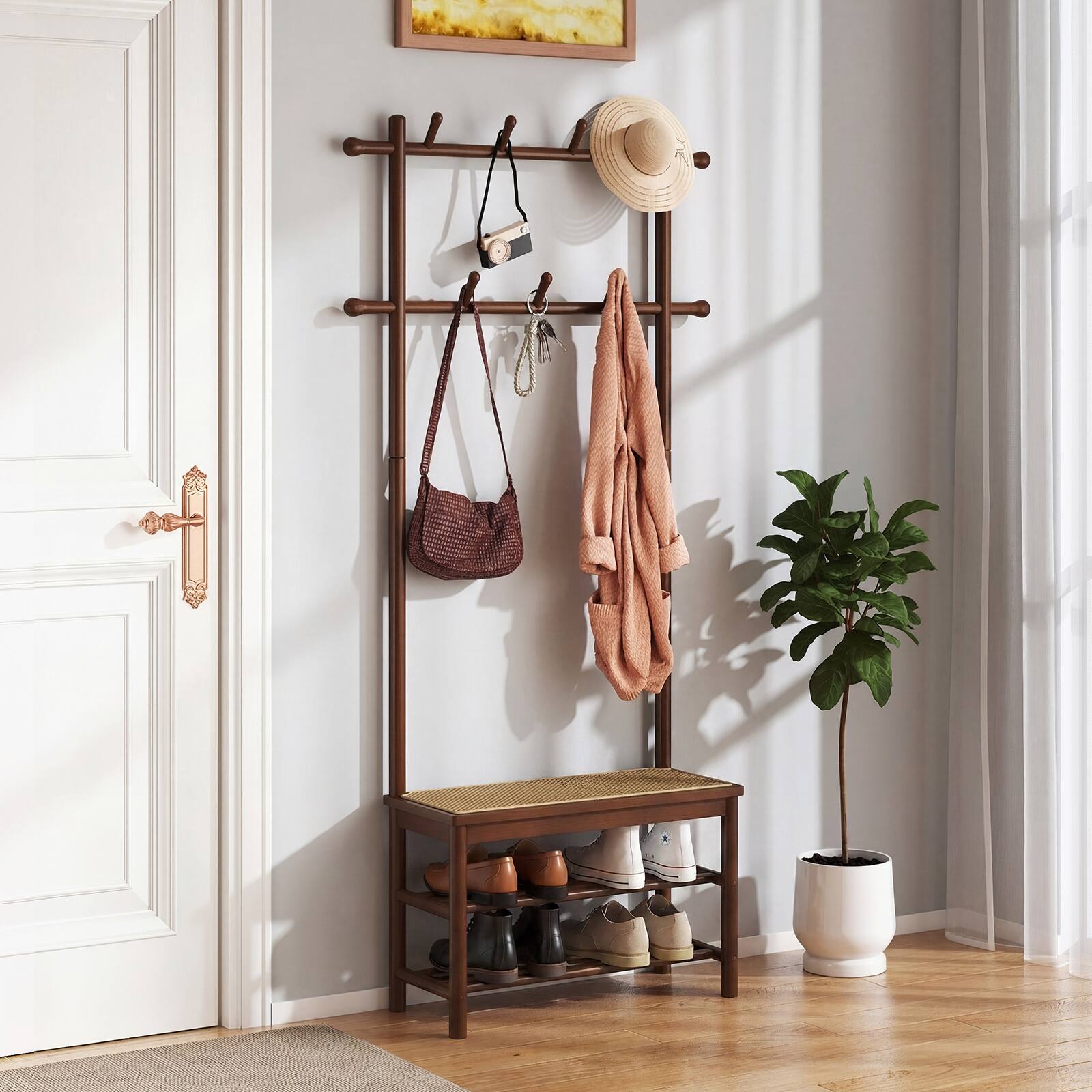 Alt View 1. Costway - Costway Bamboo Coat Rack with Bench Shoe Storage 2 Hanging Rods 11 Hanging Hooks Shelves - Brown.