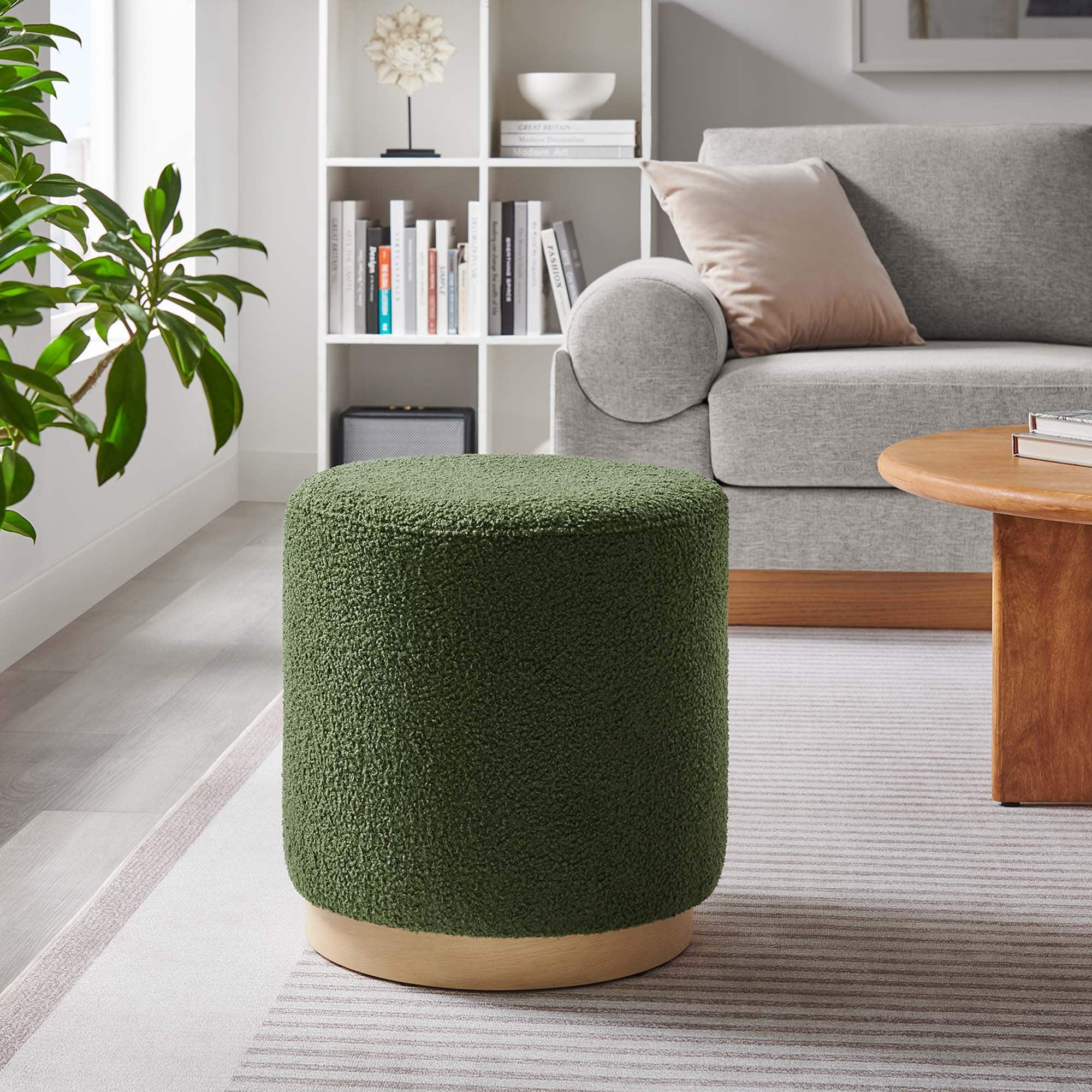 Tilden 16" Round Sherpa Upholstered Ottoman by Modway - Moss Green Natural