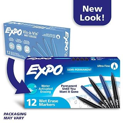 New Look!  
EXPO Vis-a-Vis WET ERASE  
12 Ultra Fine SEMI-PERMANENT EXPO Water Permanent Activated Until You Erasing Want it Gone  
12 Wet Erase EXPO Markers  
PACKAGING MAY VARY