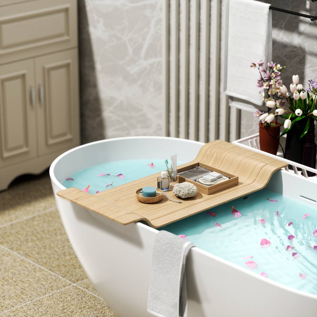 Alt View 4. Loheer - Loheer 59 Inch Freestanding Soaking Bathtub Matte White Solid Surface Tub with Overflow Center Drain - Matte White.