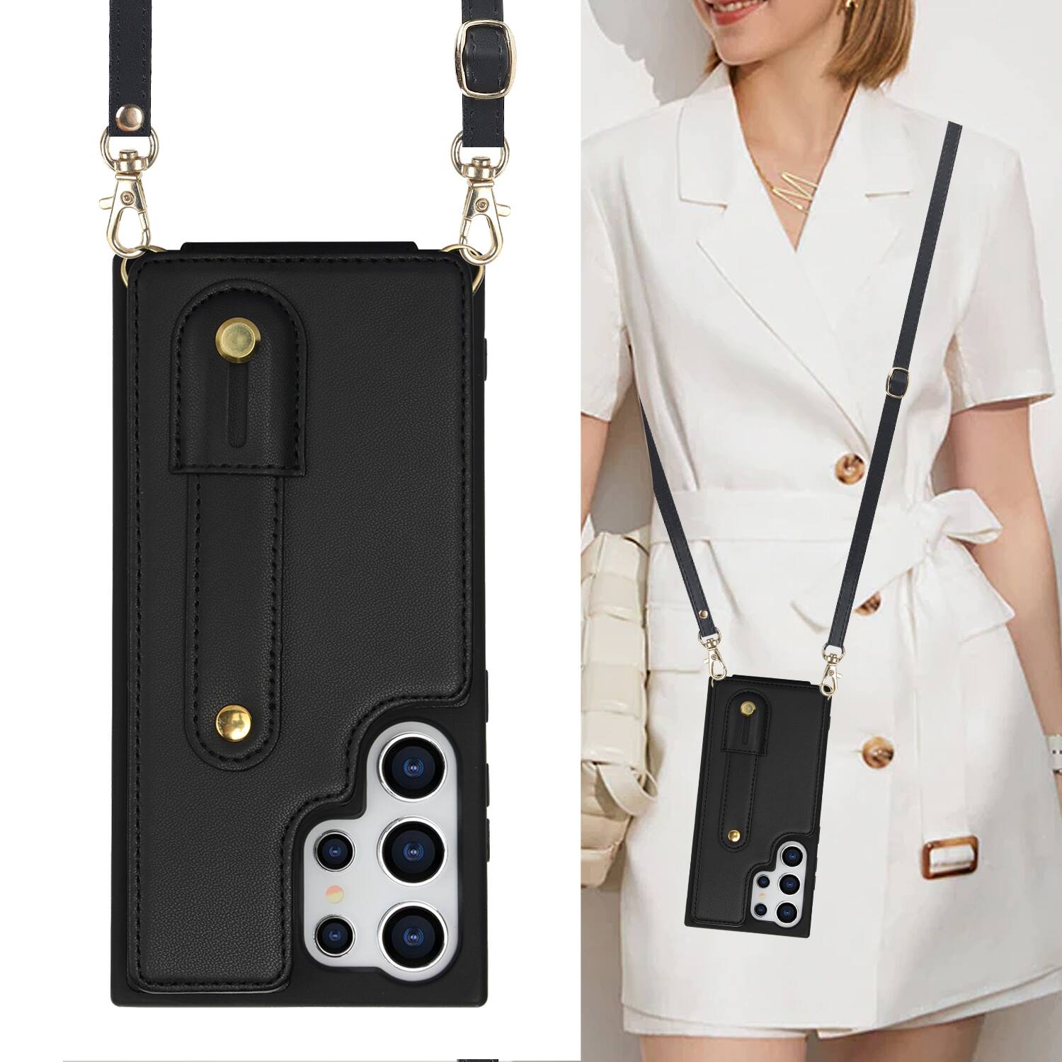 Left. Dteck - Crossbody Wallet Case for Samsung Galaxy S25 Ultra,Shockproof Protective Cover with Wrist Strap and Kickstand - Black.