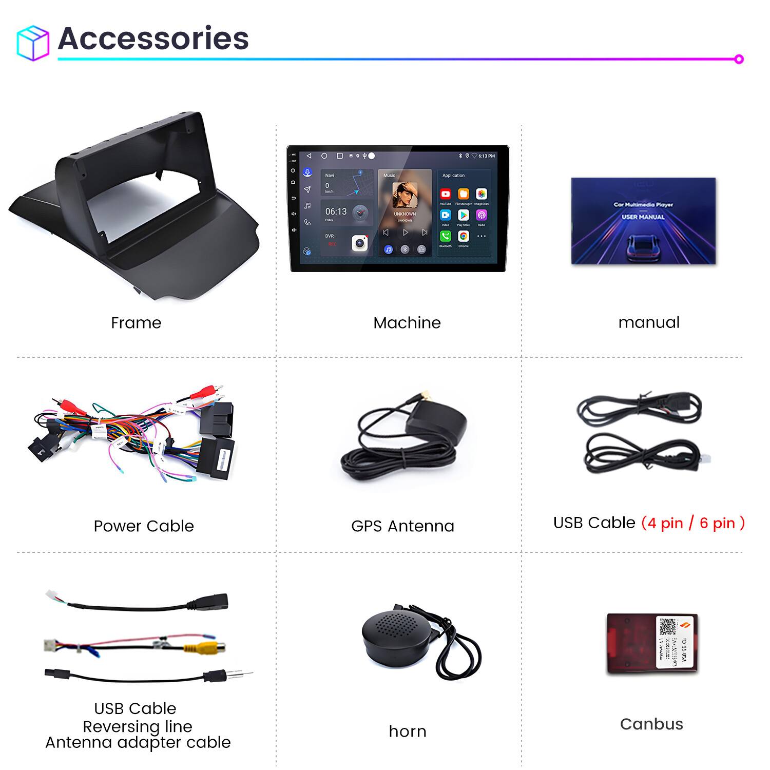 Accessories

- Frame
- Machine
- Manual
- Power Cable
- GPS Antenna
- USB Cable (4 pin / 6 pin)
- USB Cable Reversing line Antenna adapter cable
- Horn
- Canbus