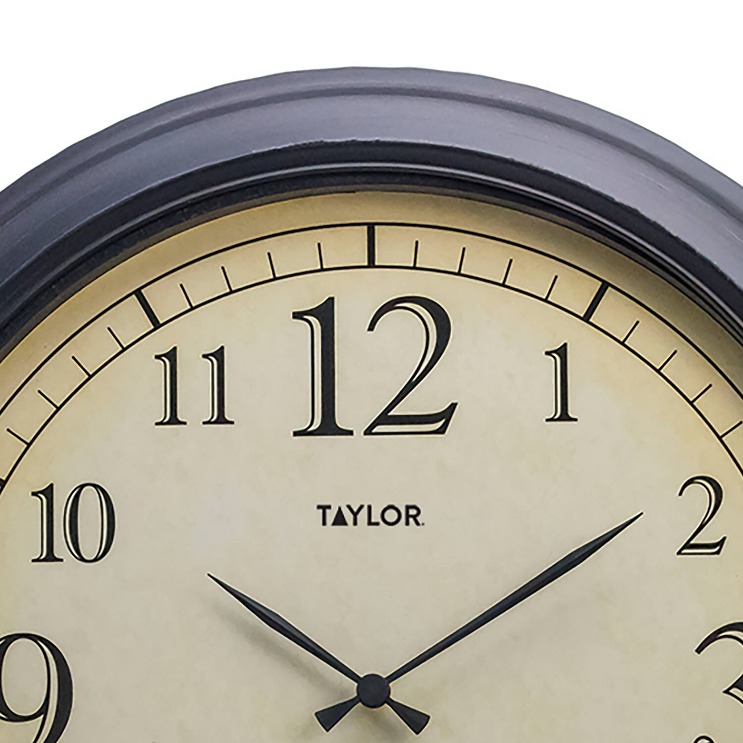 Left. Taylor Precision Products - 18.5" Analog Quartz Time Temp Hygrometer Outdoor Round Clock, Battery Operated, UV Fade-Resistant, Metal - Black.