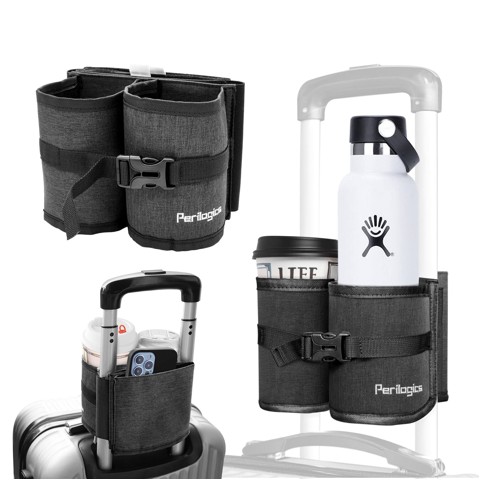 Perilogics - Luggage Cup Holder – Fits Two Cups or Bottles, Extra Pocket for Passport, Phone, or Essentials While Traveling - Dark Gray