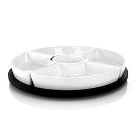Gibson - Elite Gracious Dining 6 Piece Stoneware Sectional Serving Set with Revolving Wood Tray - White