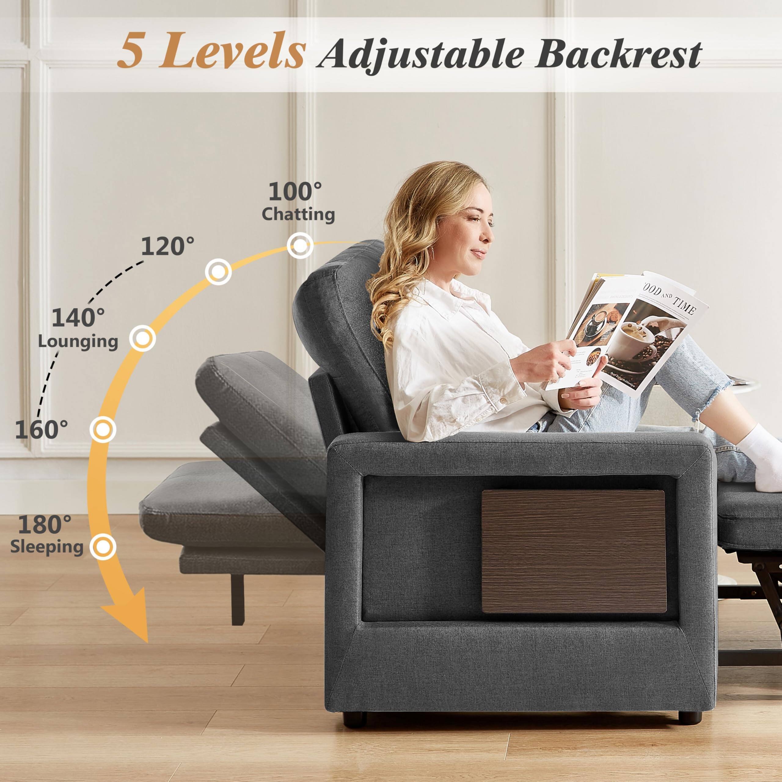 5 Levels Adjustable Backrest

120° Lounging  
140°  
160°  
180° Sleeping  
100° Chatting
