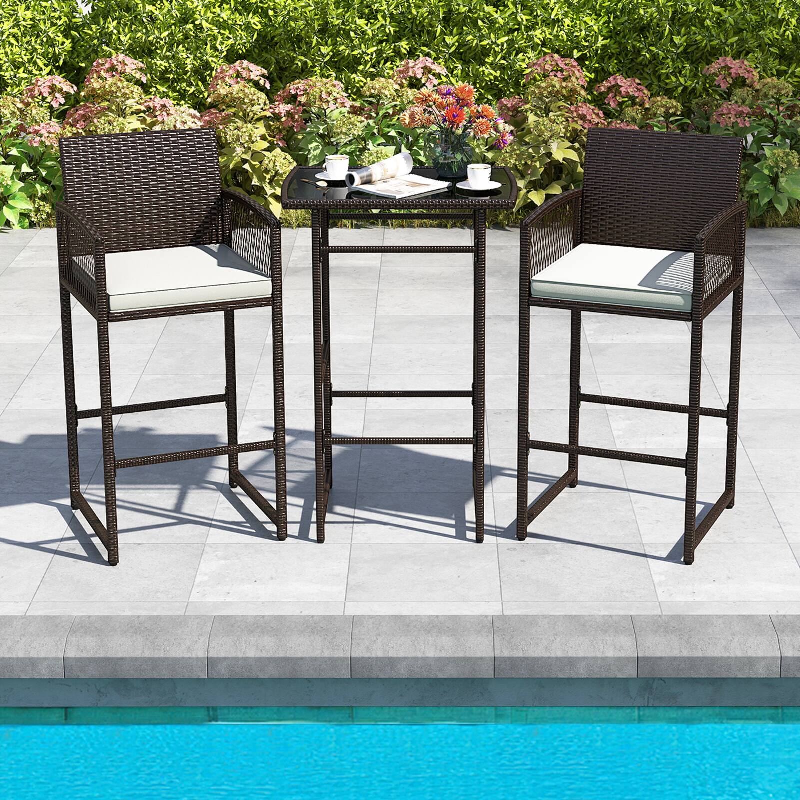 Alt View 4. Costway - Costway 3 PCS Patio Bar Set Wicker Table & Armchairs with  2 Cushions & Glass Tabletop - Mix Brown.