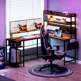 PexFix - L-Shaped Gaming Desk with Power Outlets & LED Lights, Reversible Corner Desk with Storage - Brown
