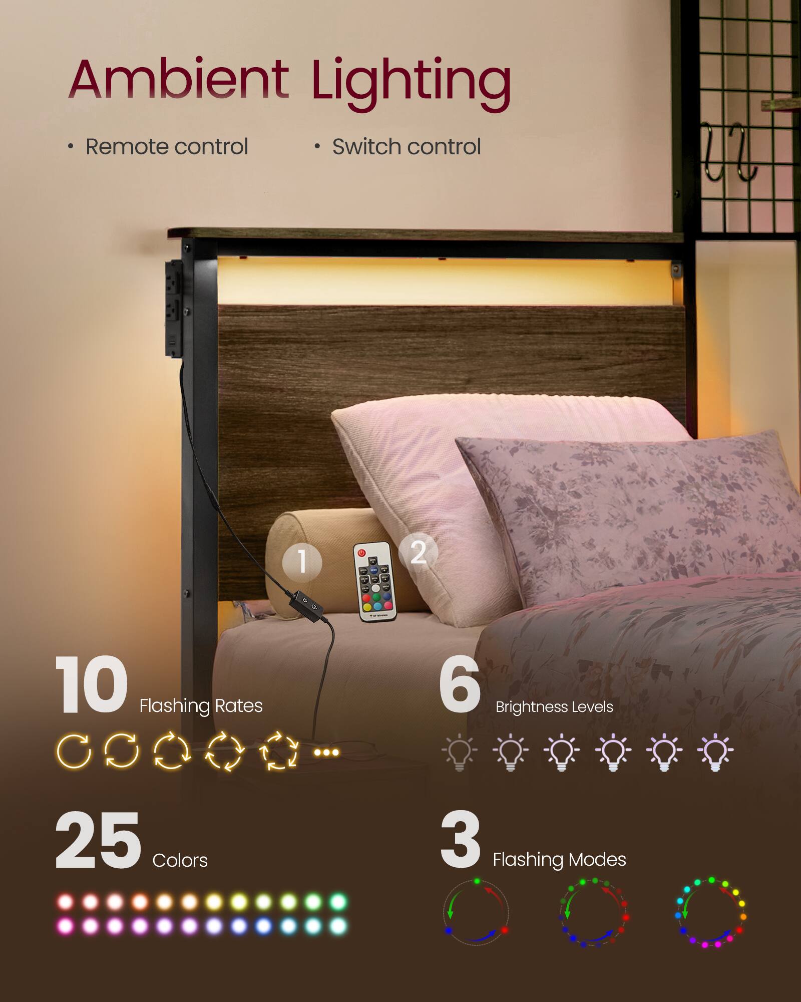 Ambient Lighting

- Remote control
- Switch control

10 Flashing Rates
6 Brightness Levels
25 Colors
3 Flashing Modes