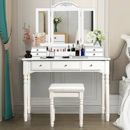 Gymax - 7 Drawers Vanity Set Dressing Table w/ Tri-Folding Mirror - White