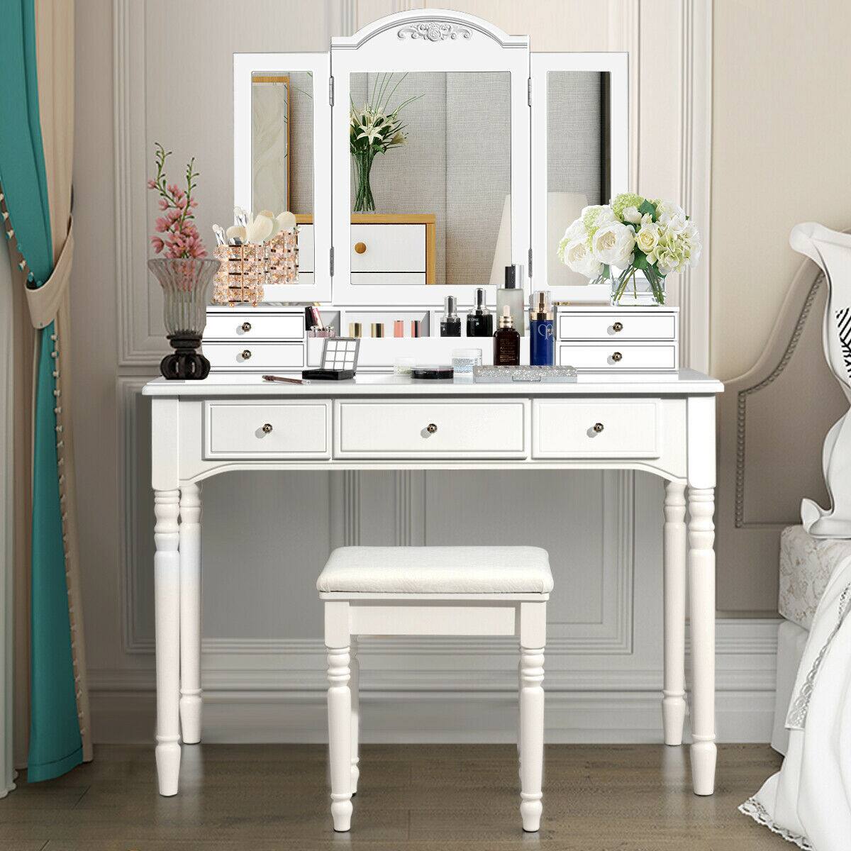 Alt View 1. Costway - Costway 7 Drawers Vanity Set Dressing Table w/ Tri-Folding Mirror - White.