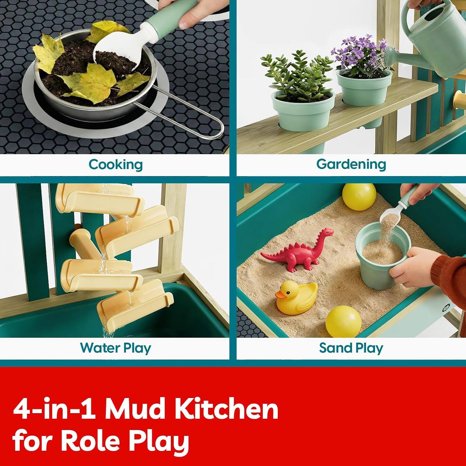 Cooking  
Gardening  
Water Play  
Sand Play  

4-in-1 Mud Kitchen for Role Play