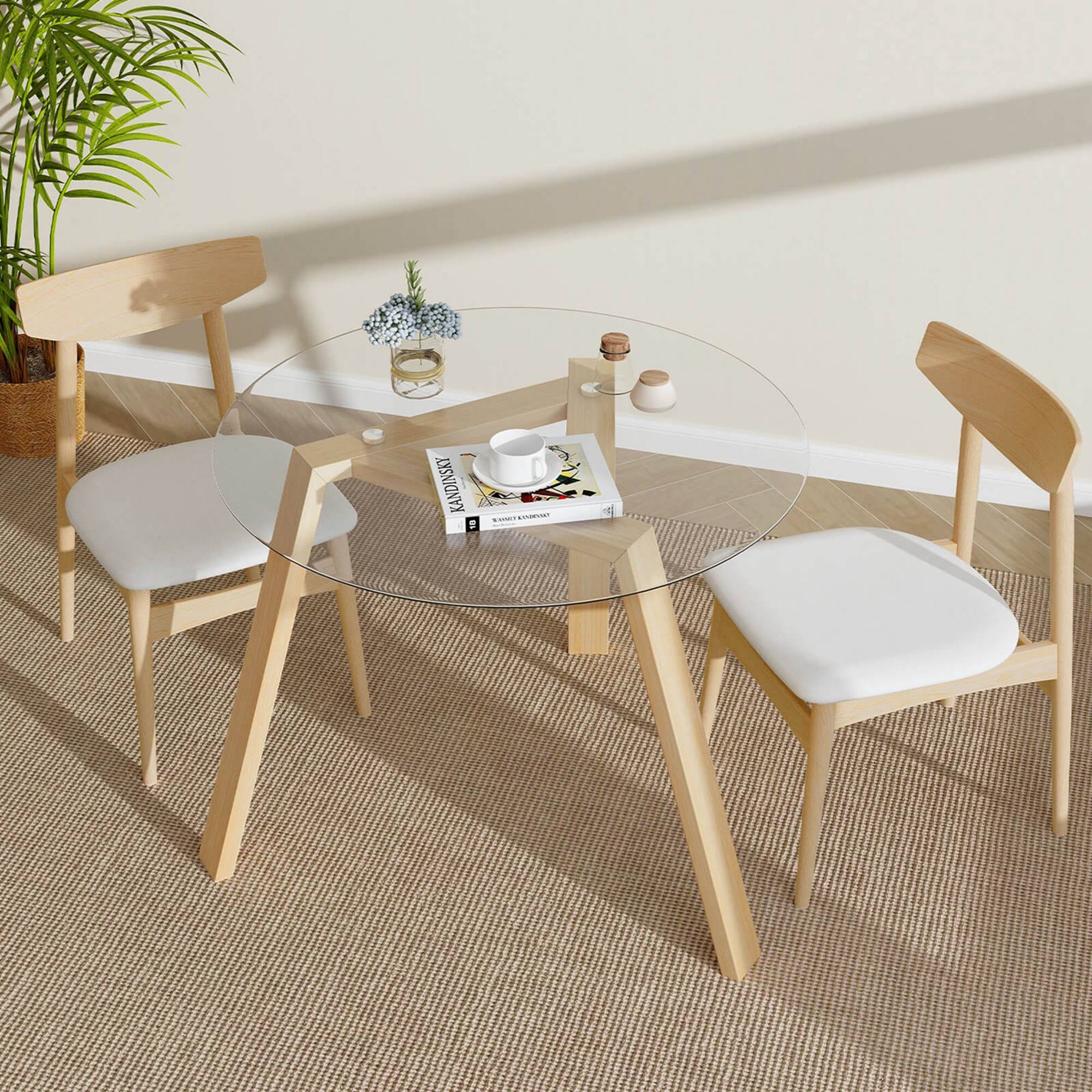 Back. Costway - 36" Round Glass Dining Table for 4 with Tempered Glass Tabletop Rubber Wood Frame - Natural.