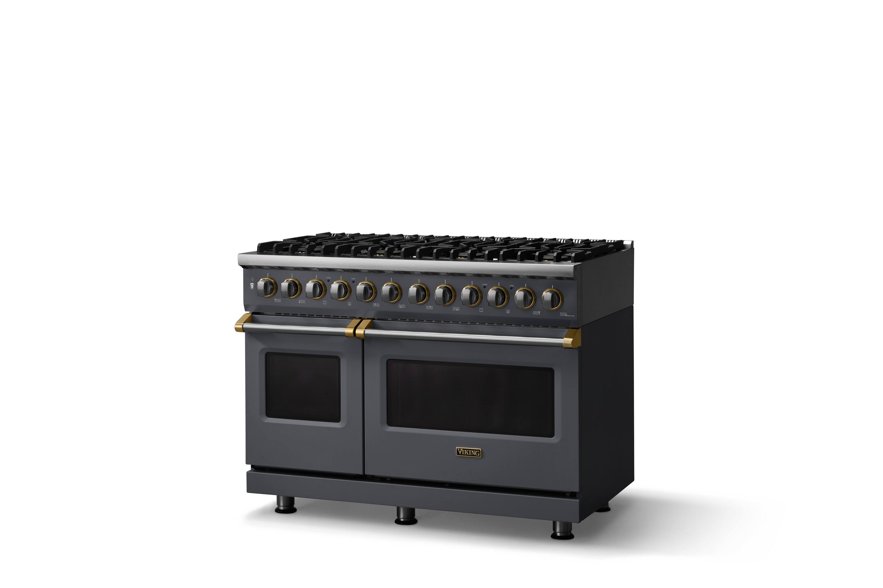 Angle. Viking - 48 in. Wide 8 Burner Pro 5 Series 7.3Cu. Ft. Freestanding Sealed LP DF Convection Rangewith Griddle Brushed Brass Trim - Cast Black.