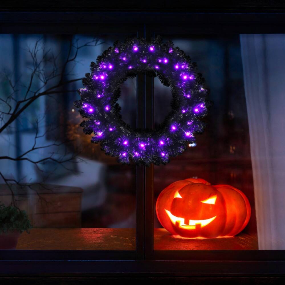 Alt View 1. Boyel Living - 24 Inch Pre-lit Halloween Wreath with 35 Purple LED Lights - Black.