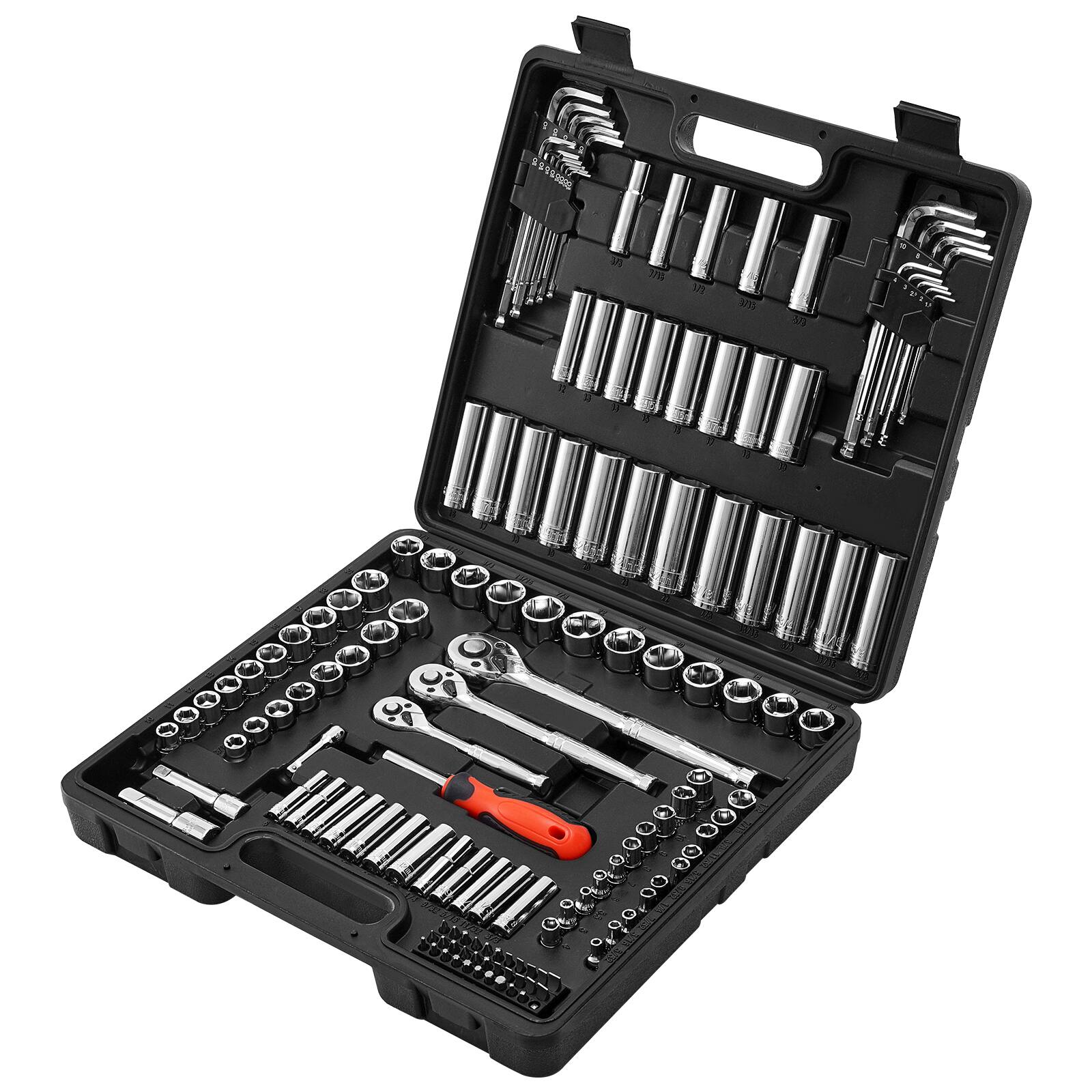Alt View 5. VEVOR - Socket Set, 149 Pieces, 3/8 & 1/4 & 1/2 inch Drive Socket and Ratchet Set, SAE and Metric, Deep and Shallow - Black+Sliver.