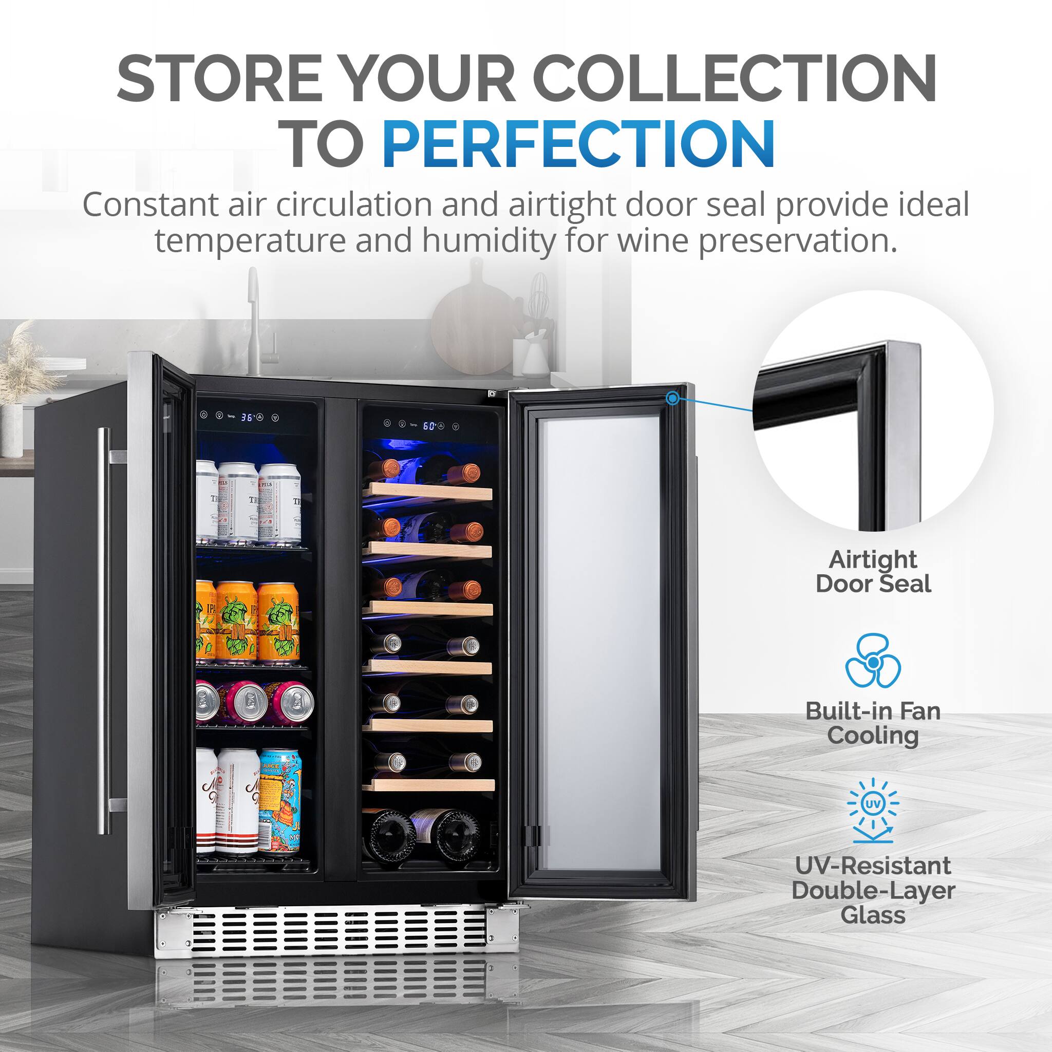 Store your collection to perfection with this wine refrigerator. It features constant air circulation and airtight door seal, providing ideal temperature and humidity for wine preservation. The refrigerator also has a built-in fan for cooling and UV-resistant double-layer glass to protect the wine from harmful rays.