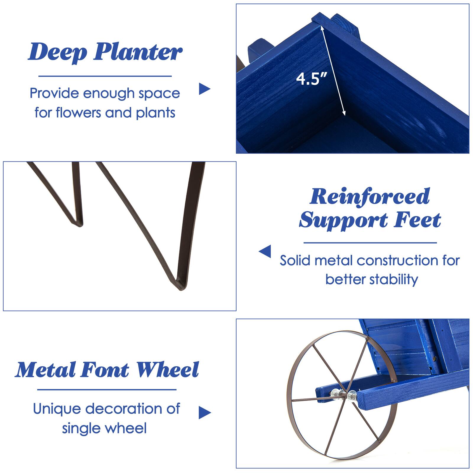 Deep Planter: Provide enough space for flowers and plants.
Reinforced Support Feet: Solid metal construction for better stability.
Metal Font Wheel: Unique decoration of single wheel.