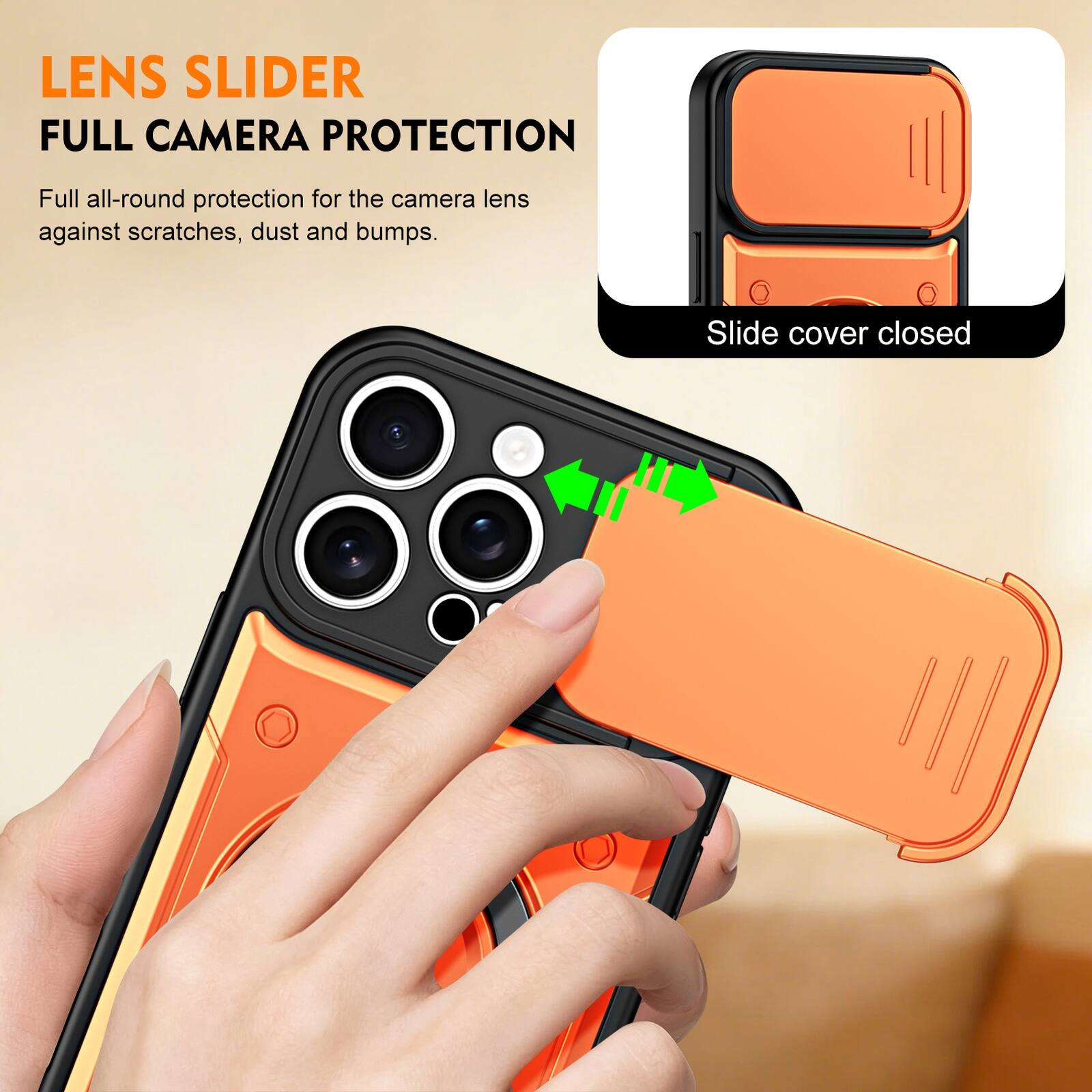 LENS SLIDER  
FULL CAMERA PROTECTION  

Full all-round protection for the camera lens against scratches, dust and bumps.  

Slide cover closed