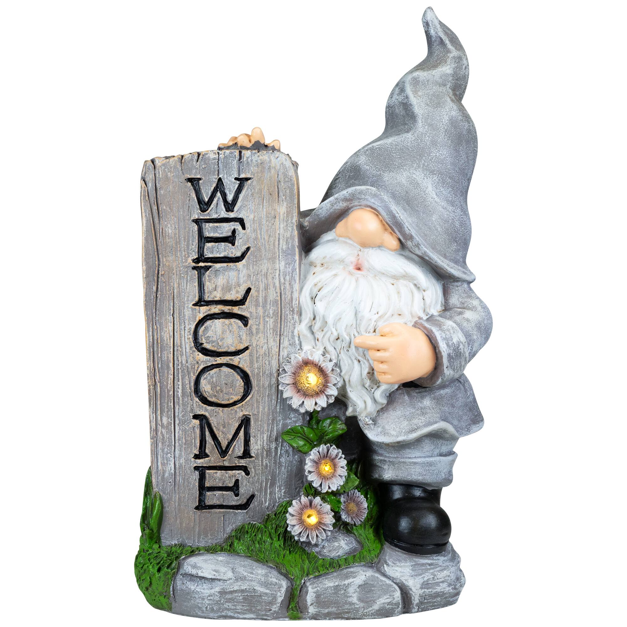 Alt View 1. Northlight - LED Solar Lighted Gnome Welcome Outdoor Garden Statue - 15.5" - Gray.