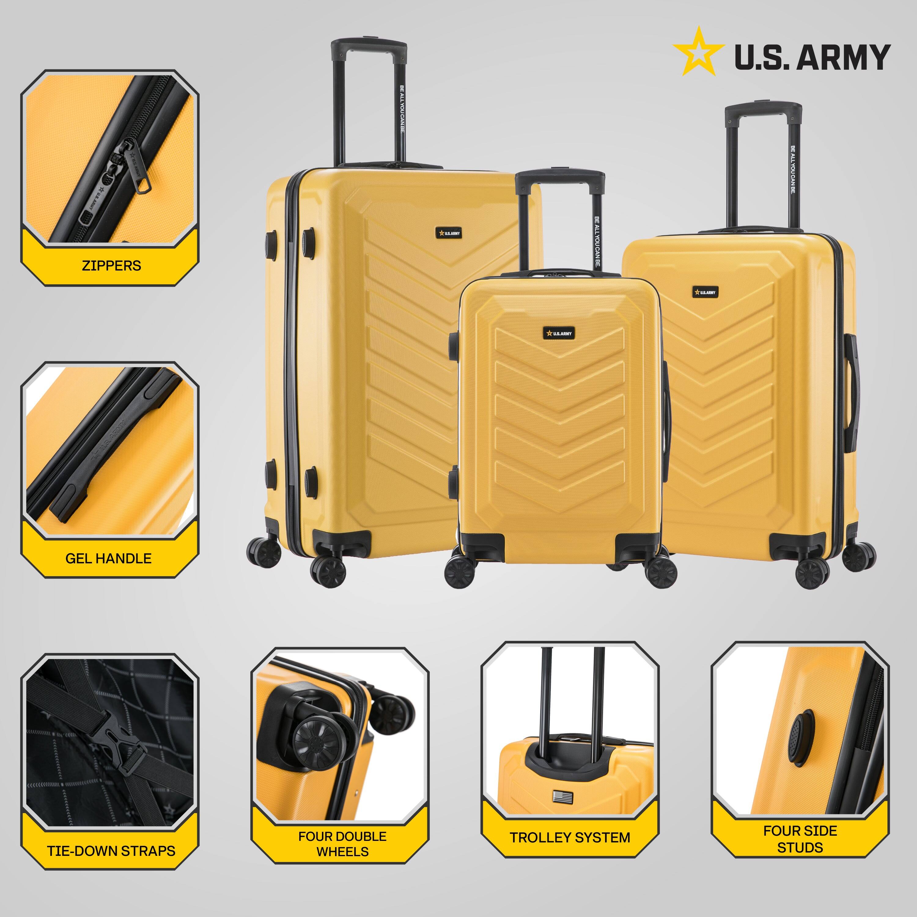 - ZIPPERS
- GEL HANDLE
- TIE-DOWN STRAPS
- FOUR DOUBLE WHEELS
- TROLLEY SYSTEM
- FOUR SIDE STUDS
- U.S. ARMY