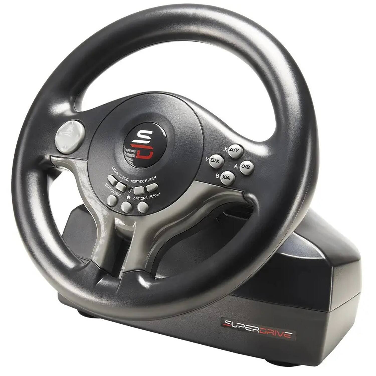 In the image, the text on the steering wheel reads:

- "SUPERDRIVE"
- "OPTIONS MENU"
- "X A Y B"
- "Y O X A"
- "B O/B"
- "XIA"
- "SUPERDRIVE" (on the base)

The text on the image is:

"In the LLTIL RZRaR RIRSR SHAREIEN A MENUI+ OPTIONS x A Y O/x A O/B B XIA SUPERDRIVE"