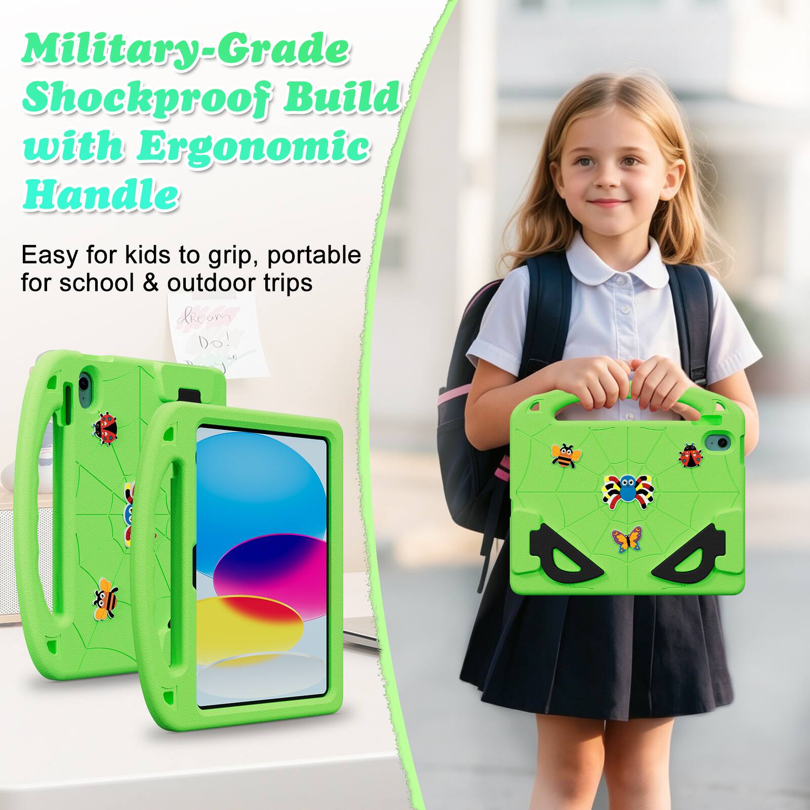 Military-Grade Shockproof Build with Ergonomic Handle  
Easy for kids to grip, portable for school & outdoor trips