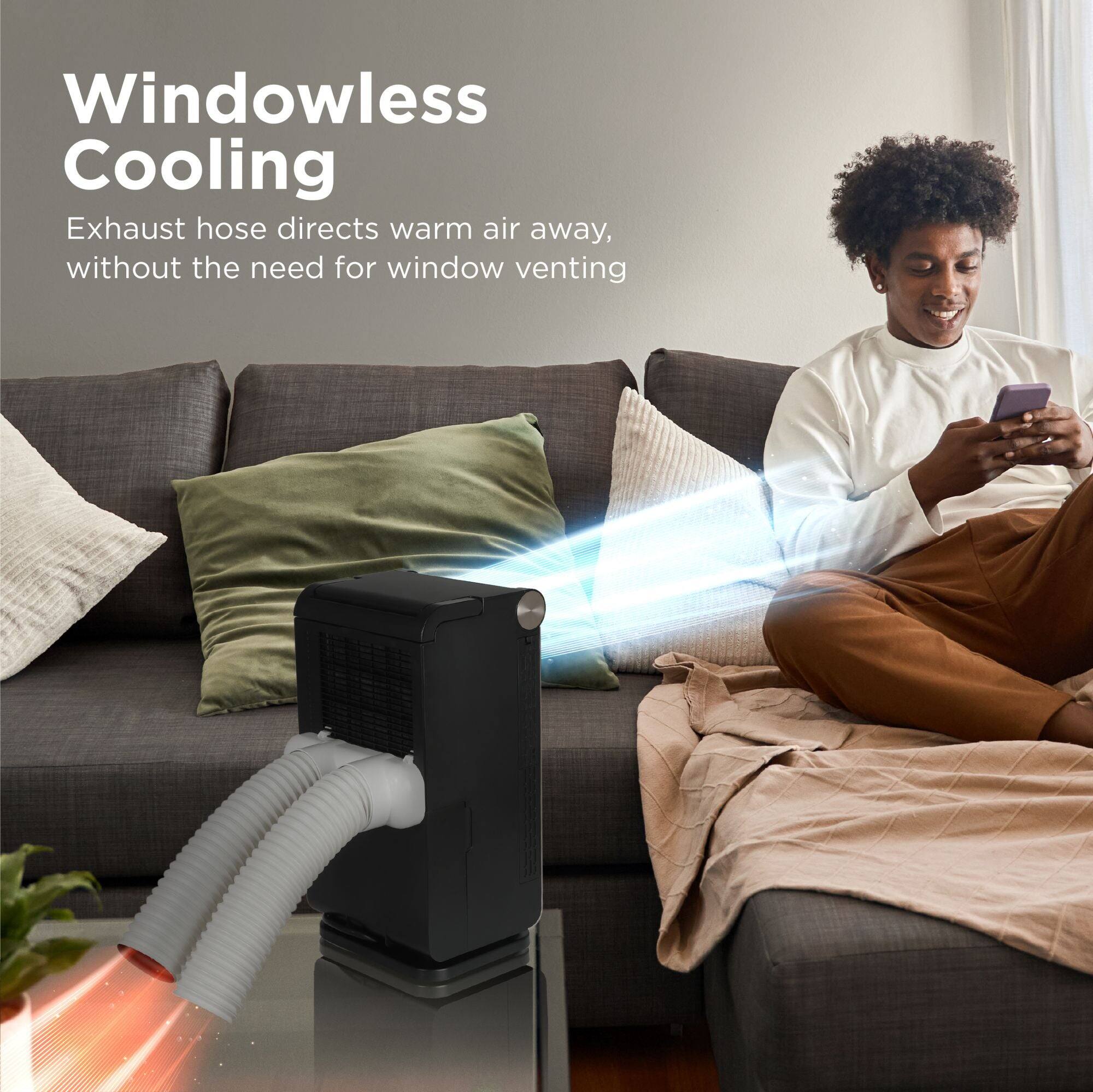 Windowless Cooling
Exhaust hose directs warm air away, without the need for window venting