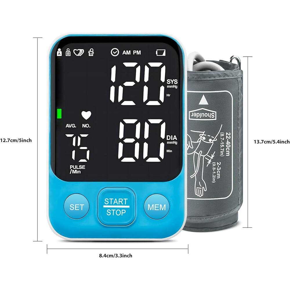 Sure, here is the corrected and grouped text from the image:

---

**12.7cm/5inch**

**AM PM**

**120** SYS mmHg

**80** DIA mmHg

**75** PULSE /Min

**AVG. NO.**

**SET START STOP MEM**

**8.4cm/3.3inch**

**13.7cm/5.4inch**

**Shoulder (8.7-15.7in) 22-40cm (0.8-1.2in) 2-3cm**

**Sunpulse**

**18.7-24.4cm (7.4-9.6in)**

**2-3cm**

---

This text includes measurements, settings, and brand information from the image.