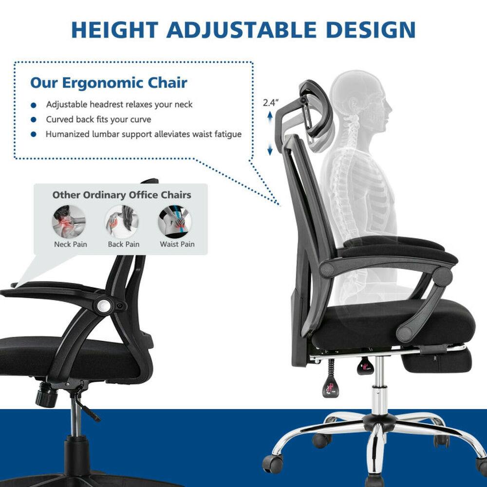 HEIGHT ADJUSTABLE DESIGN

Our Ergonomic Chair
- Adjustable headrest relaxes your neck
- Curved back fits your curve
- Humanized lumbar support alleviates waist fatigue

Other Ordinary Office Chairs
- Neck Pain
- Back Pain
- Waist Pain