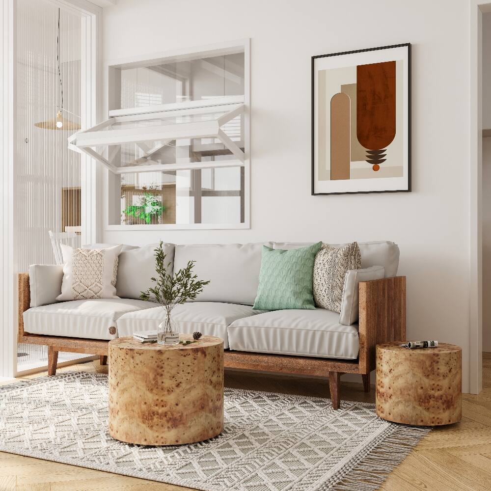 Left. Loheer - Loheer Nesting Coffee Table Set of 2 Modern Round Natural Burl Wood Drum Side Accent Tables for Small Spaces Living Room - Natural Burl.