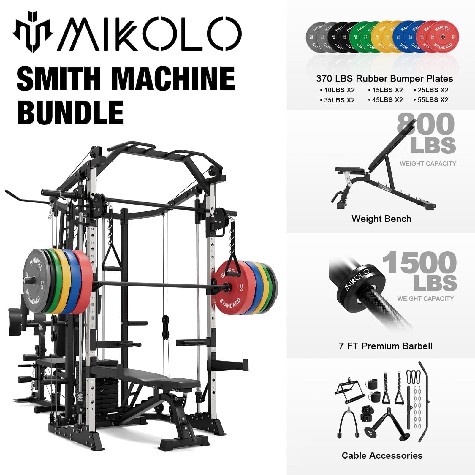 Mikolo - Smith Machine Power Cage, Multi-Function Home Gym System with Cable Crossover, 121LB Weight Stack - Black