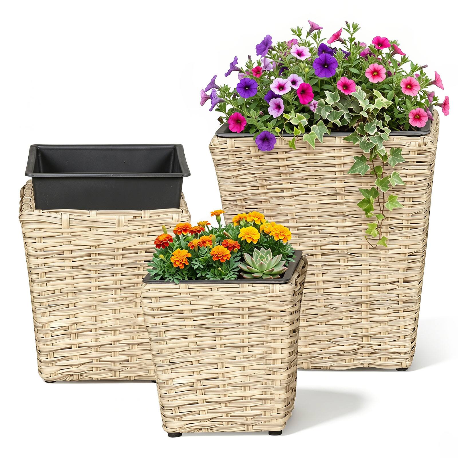Alt View 9. Costway - Costway 3PCS Rattan Planter Box Kit with Removable Plastic Liners for Indoor Outdoor Plants - Natural.