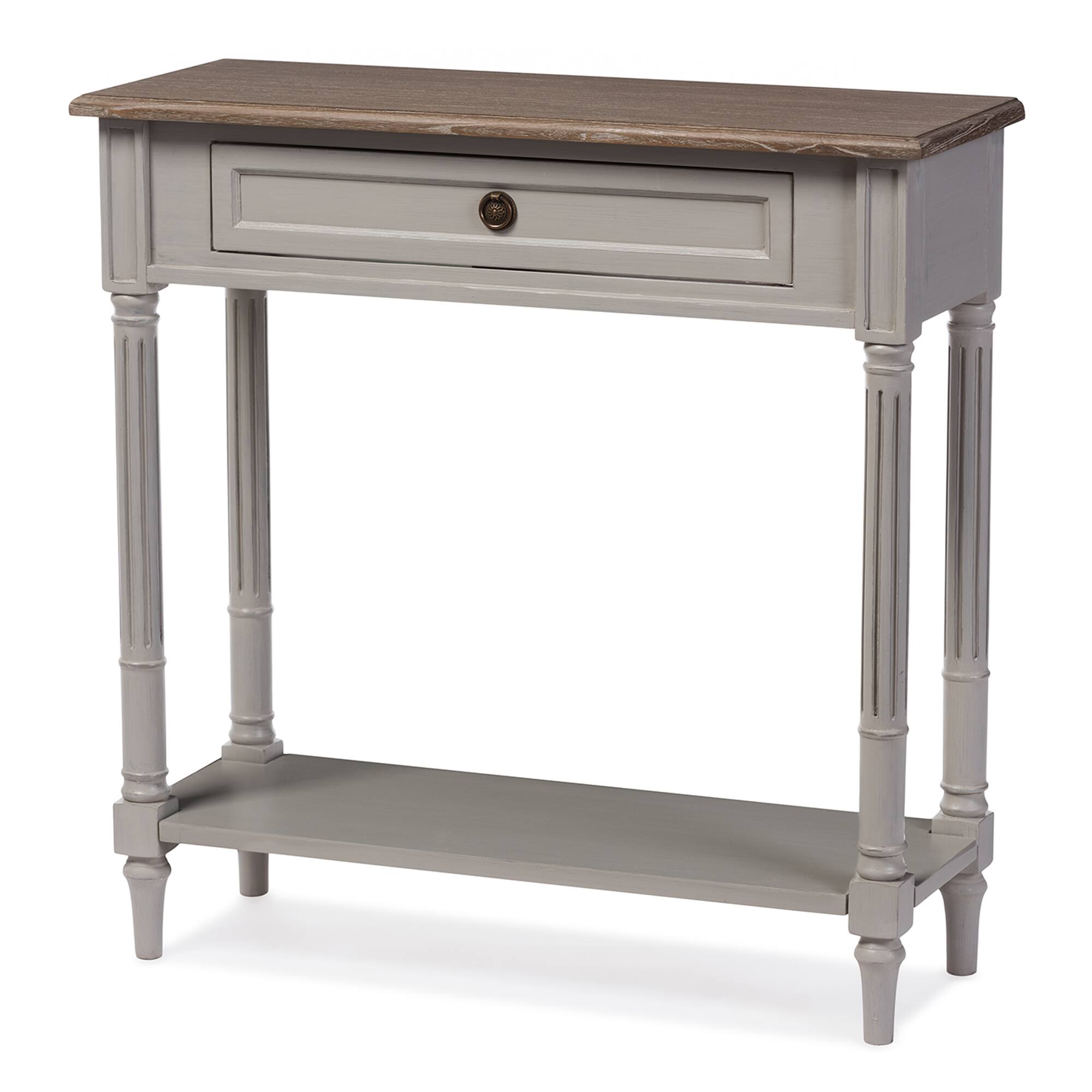Angle. Baxton Studio - Edouard French Provincial Style Distressed Two-tone 1-drawer Console Table - White/Light Brown.