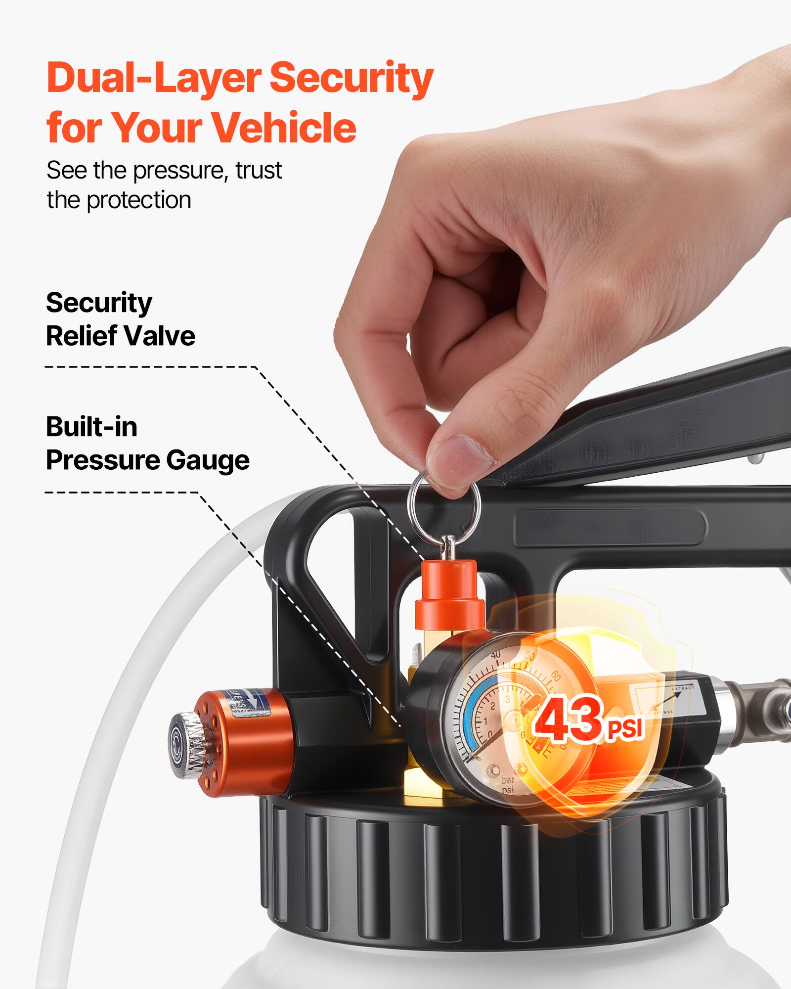 Dual-Layer Security for Your Vehicle  
See the pressure, trust the protection  

Security Relief Valve  
Built-in Pressure Gauge  

43 PSI