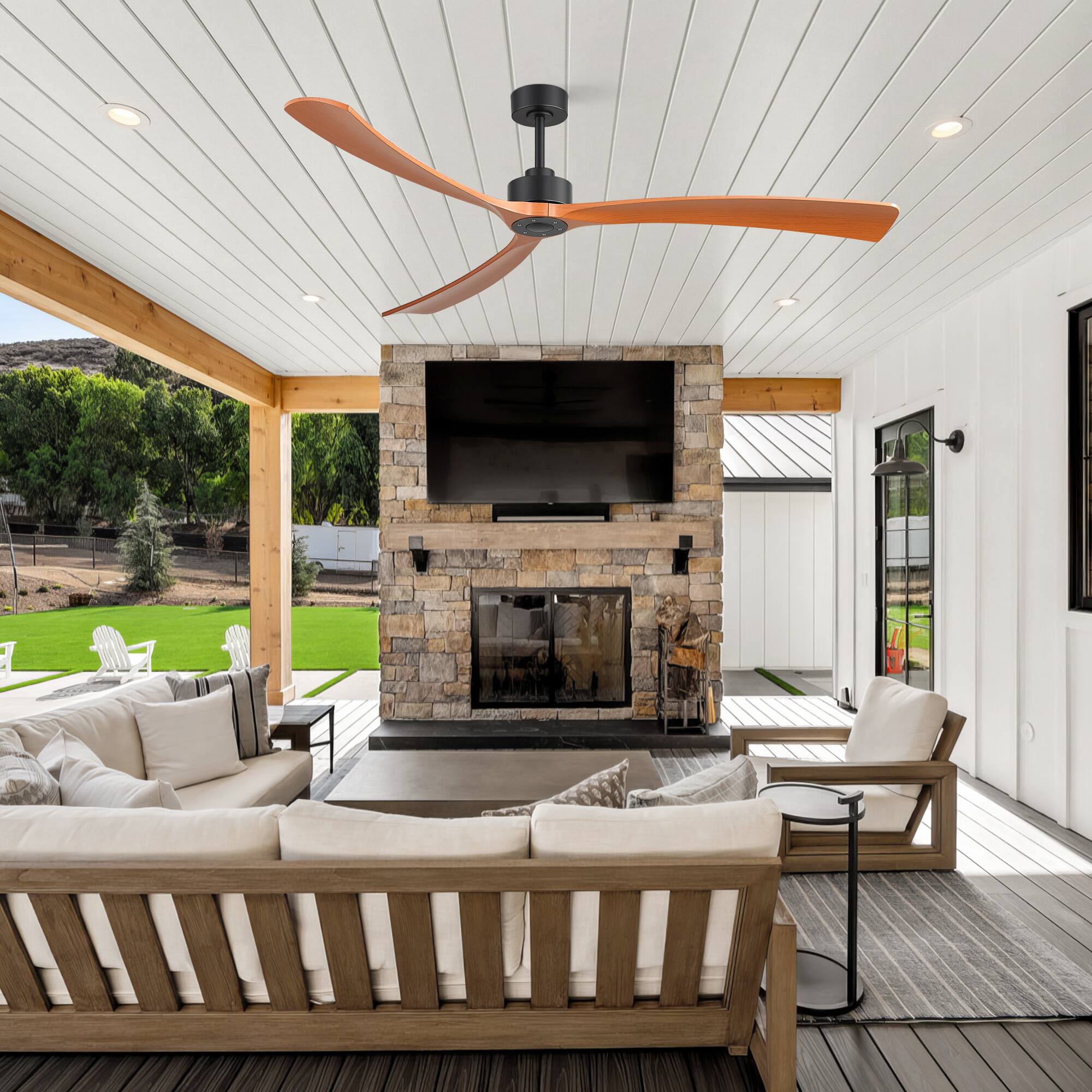 Left. Breezary - 72-Inch Quiet Ceiling Fan with 3 Blades, DC Motor, 6 Speeds, Remote Control, Downrod Mount, Timer Function - 72-Inch Black and Walnut.