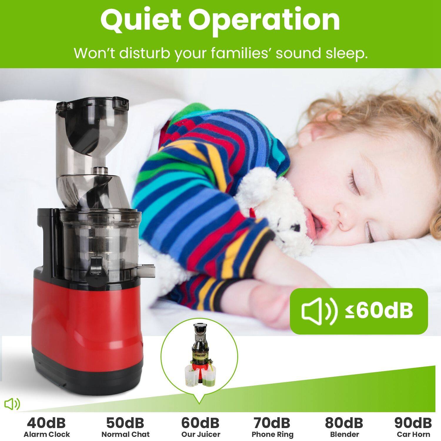 Quiet Operation  
Won't disturb your families' sound sleep.  

≤60dB  

40dB Alarm Clock  
50dB Normal Chat  
60dB Our Juicer  
70dB Phone Ring  
80dB Blender  
90dB Car Horn