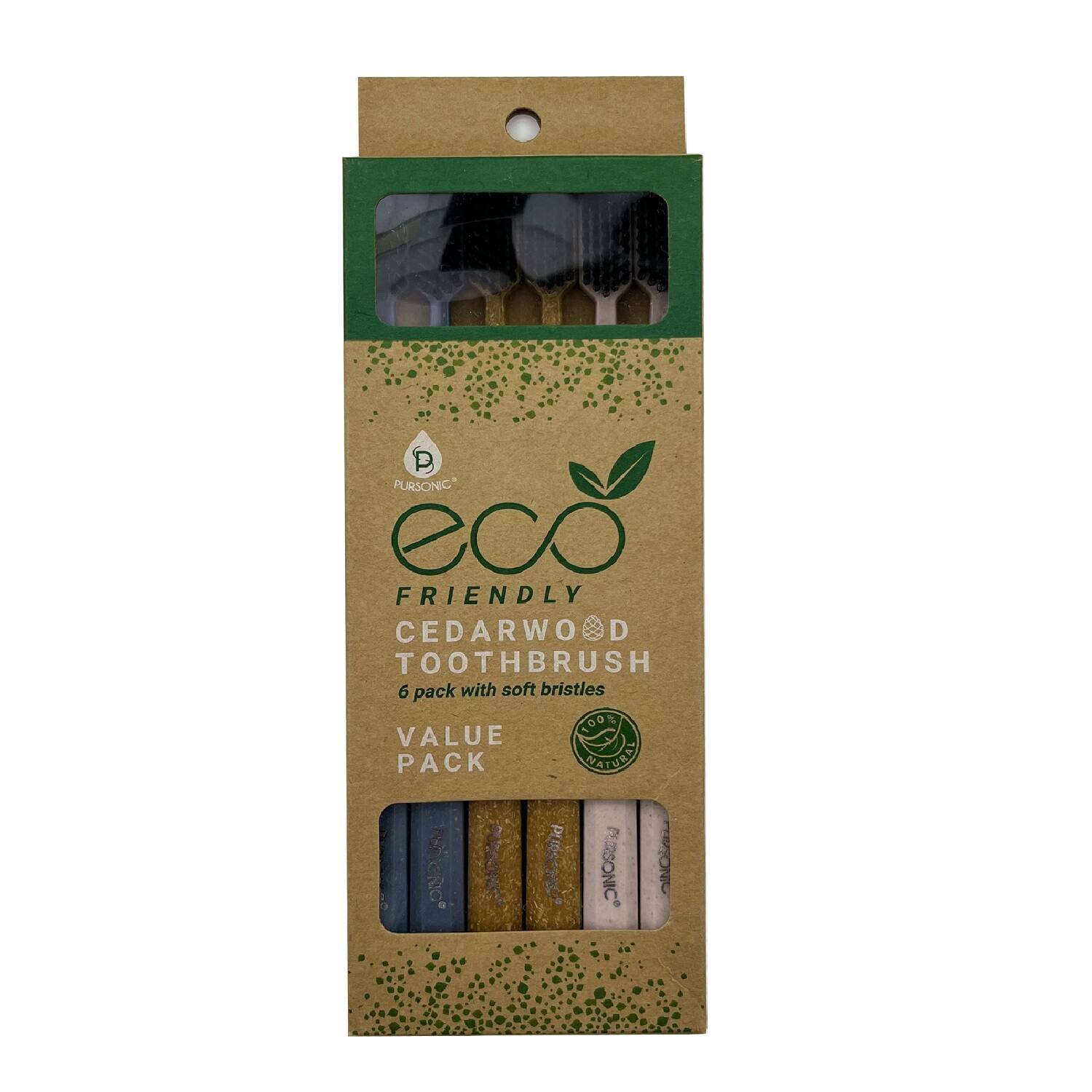PURSONIC* eco FRIENDLY CEDARWOOD TOOTHBRUSH 6 pack with soft bristles 100% VALUE PACK