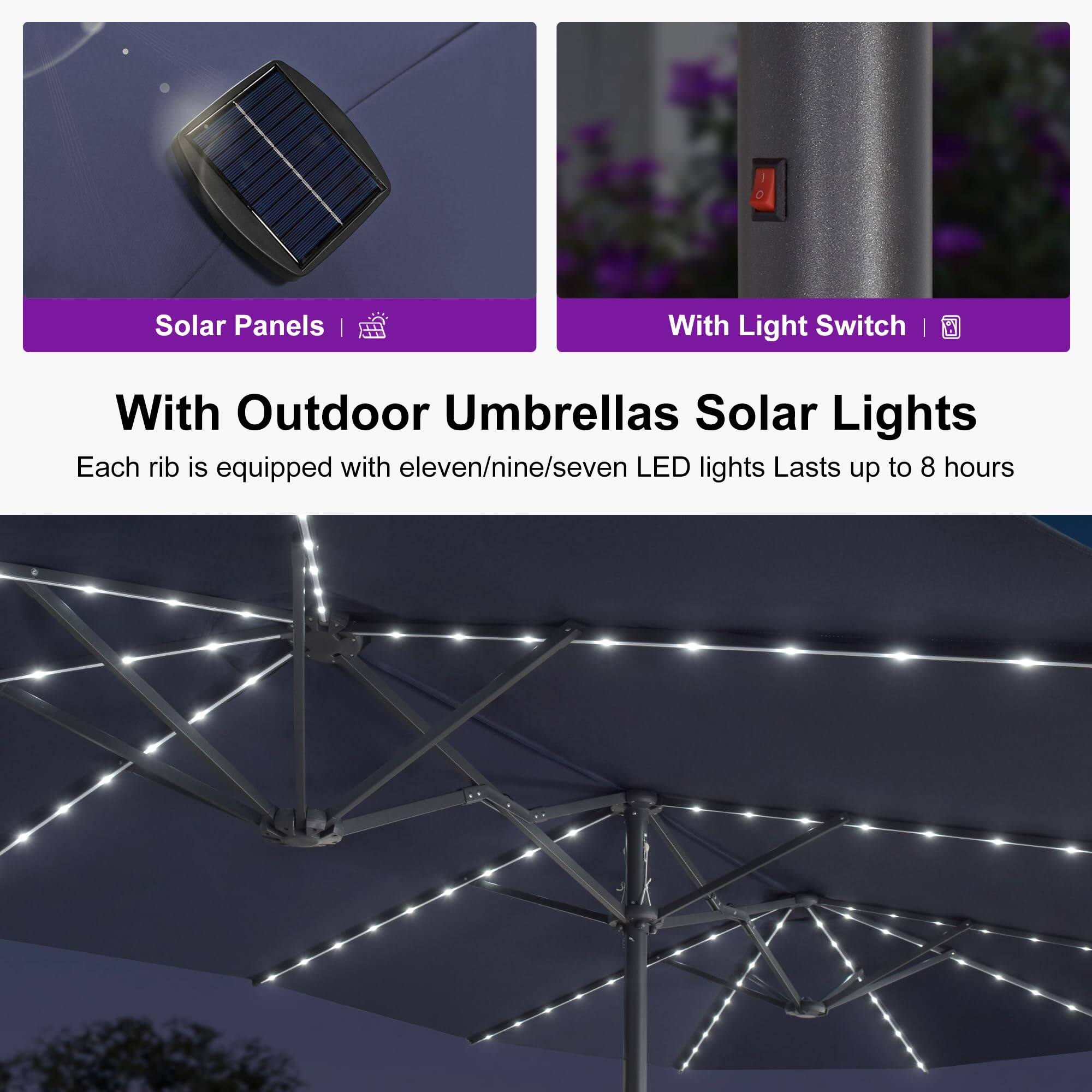 Solar Panels | With Light Switch

With Outdoor Umbrellas Solar Lights

Each rib is equipped with eleven/nine/seven LED lights. Lasts up to 8 hours.