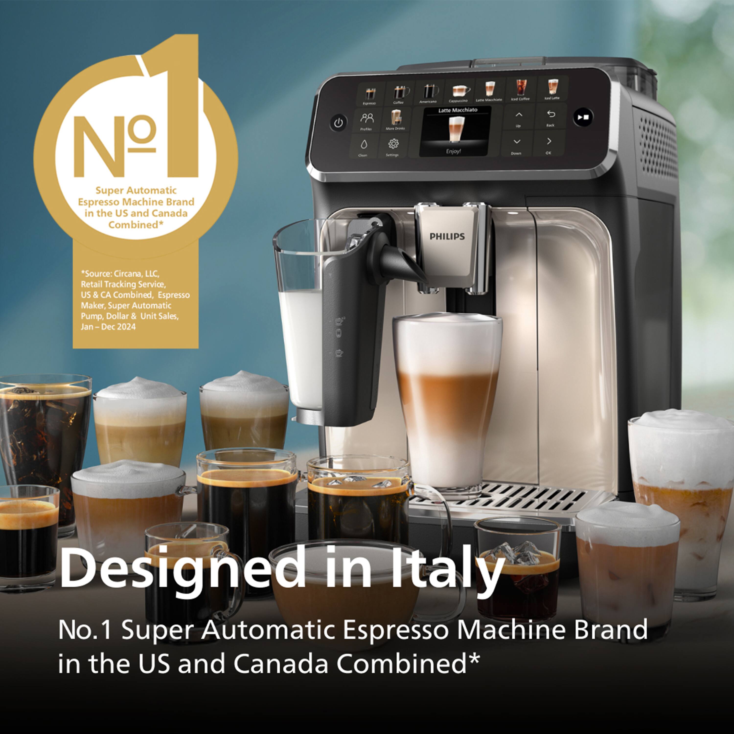 Sure, here is the corrected and grouped text:

---

**No.1 Super Automatic Espresso Machine Brand in the US and Canada Combined***

*Source: Circana, LLC. Retail Tracking Service, US & CA Combined, Espresso Maker, Super Automatic Pump, Dollar & Unit Sales, Jan-Dec 2024*

**Designed in Italy**

**No.1 Super Automatic Espresso Machine Brand in the US and Canada Combined***

---

**Latte Macchiato Enjoy!**

**PHILIPS**

---