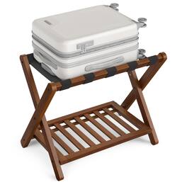 Songmics Home - Solid Wood Luggage Rack, No Assembly Required, Foldable Suitcase Stand, Luggage Holder, with Storage Shelf - Coffee Brown