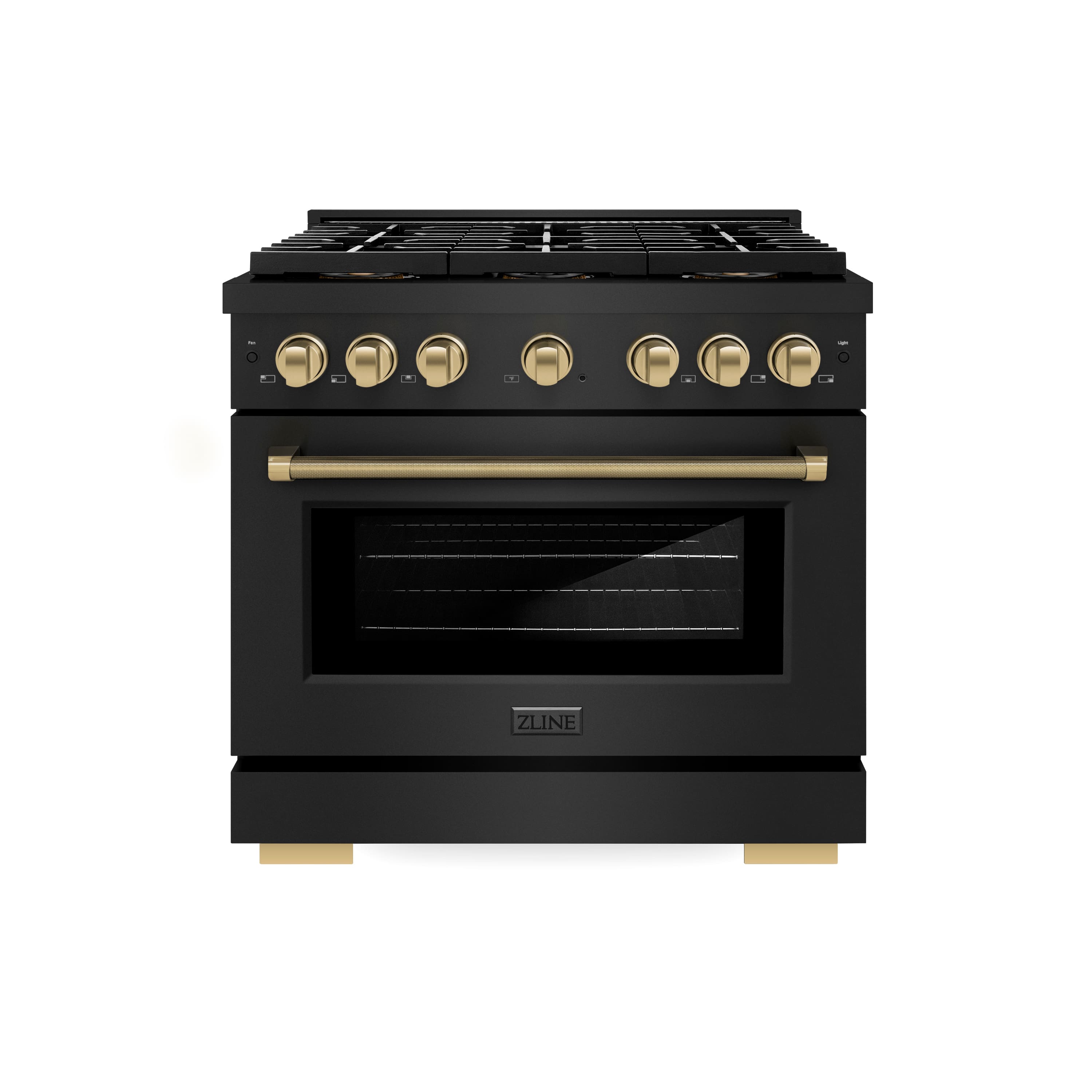 Front. ZLINE - Autograph 36 in. 5.2 cu. ft. Freestanding Paramount DuoPro Dual Fuel Range in Black Steel with Champagne Helix Handle - Black Stainless Steel.