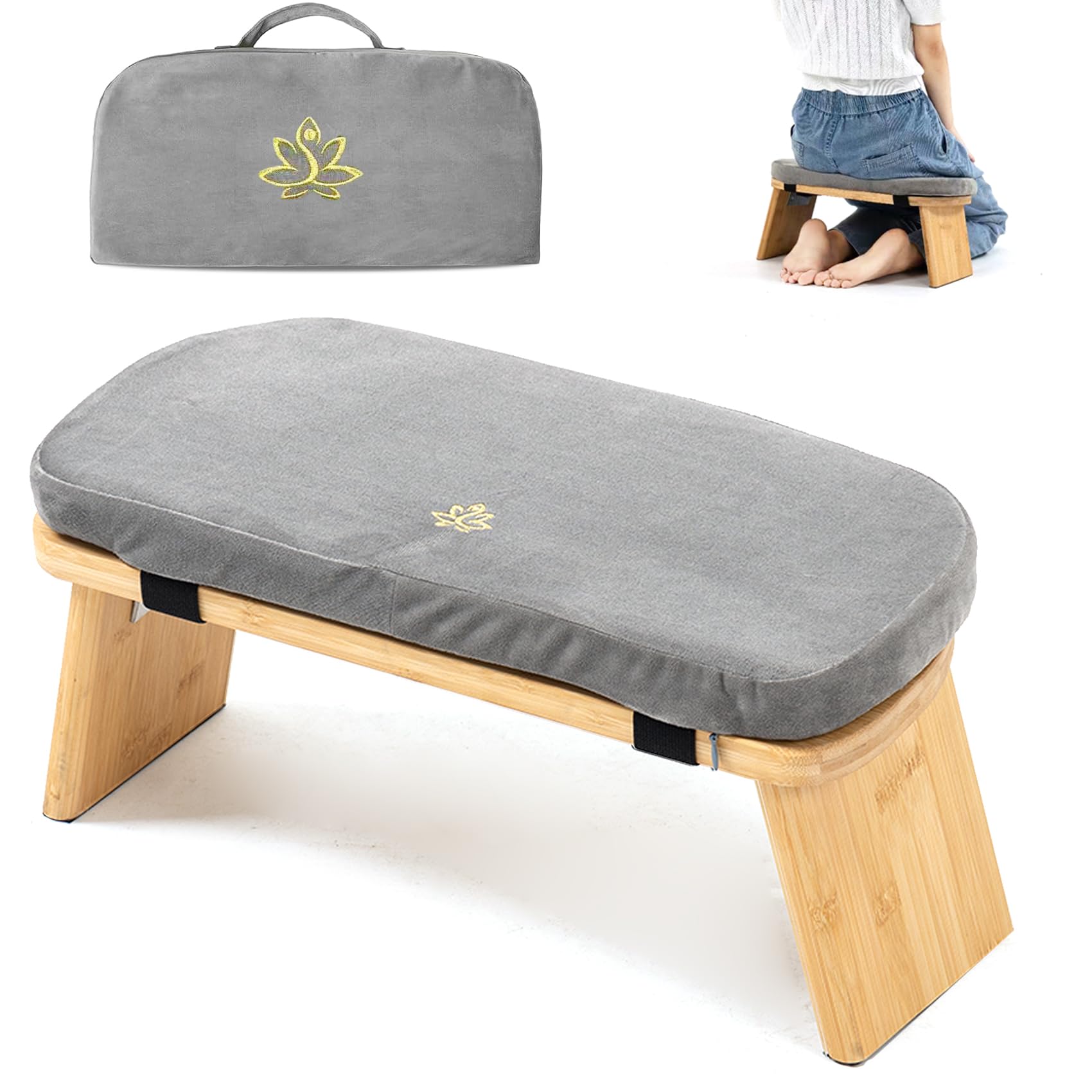 JETRANSPORT - Meditation Bench Stool Folding Kneeling Seiza Prayer With Cushion (beige) - Grey Bag
