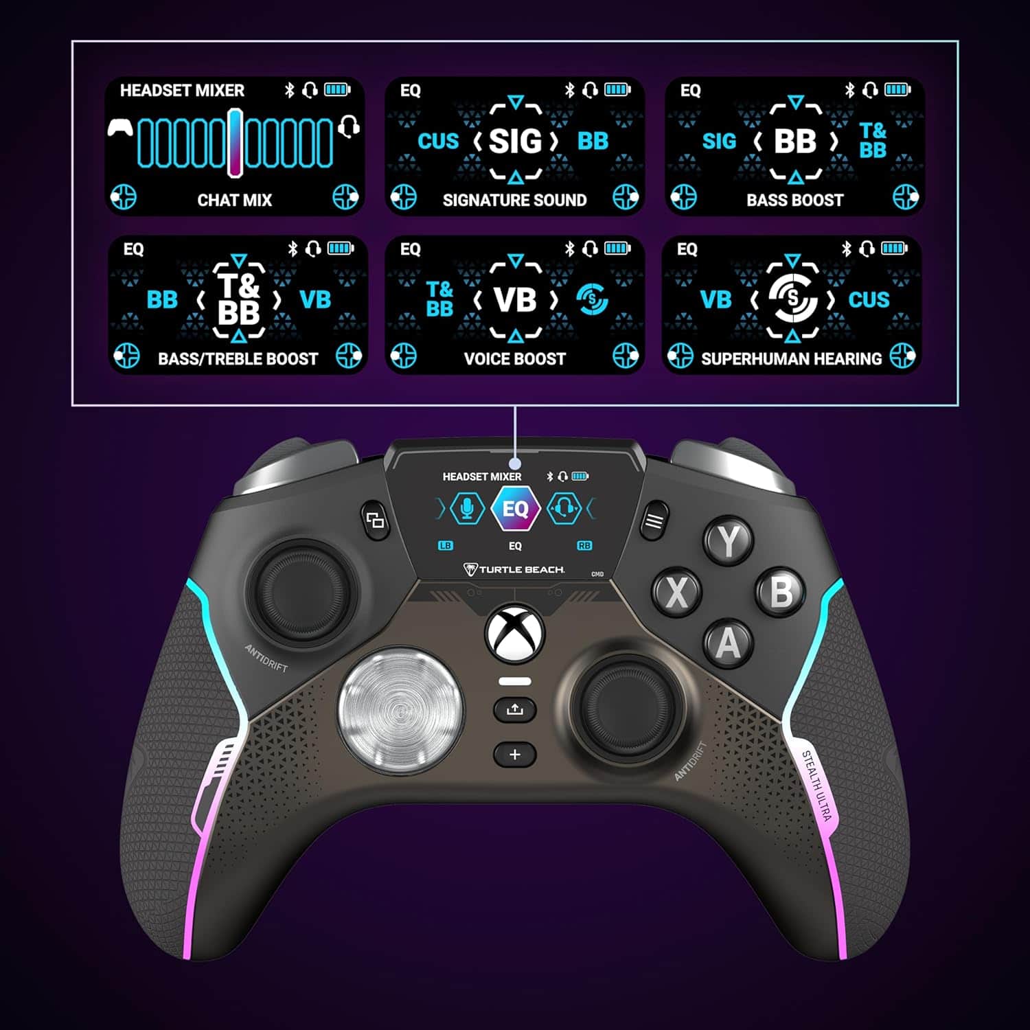 The image shows a close-up of a Xbox controller with a purple and black color scheme. The controller has a headset mixer with various settings, including EQ, Bass Boost, Voice Boost, and Superhuman Hearing. The settings are displayed in a row of icons, with each icon representing a different sound effect. The controller also features a chat mixer and a signature sound setting. The controller is designed to enhance the gaming experience by providing customizable audio options for the user.
