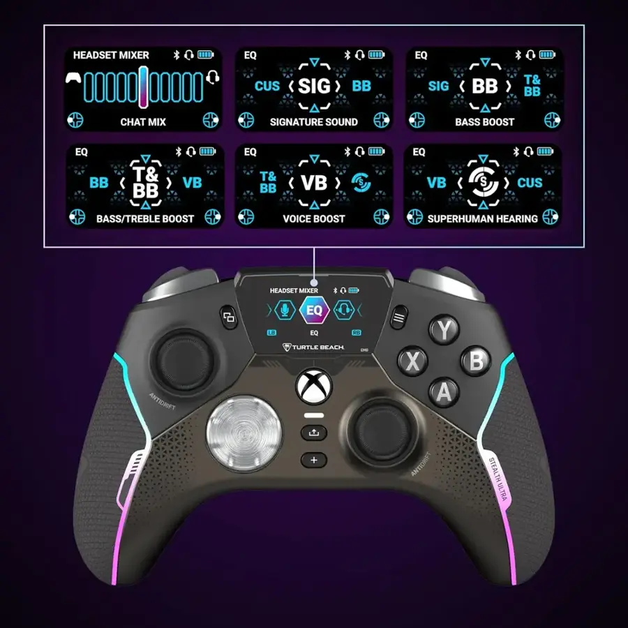 The image shows a close-up of a Xbox controller with a purple and black color scheme. The controller has a headset mixer with various settings, including EQ, Bass Boost, Voice Boost, and Superhuman Hearing. The settings are displayed in a row of icons, with each icon representing a different sound effect. The controller also features a chat mixer and a signature sound setting. The controller is designed to enhance the gaming experience by providing customizable audio options for the user.