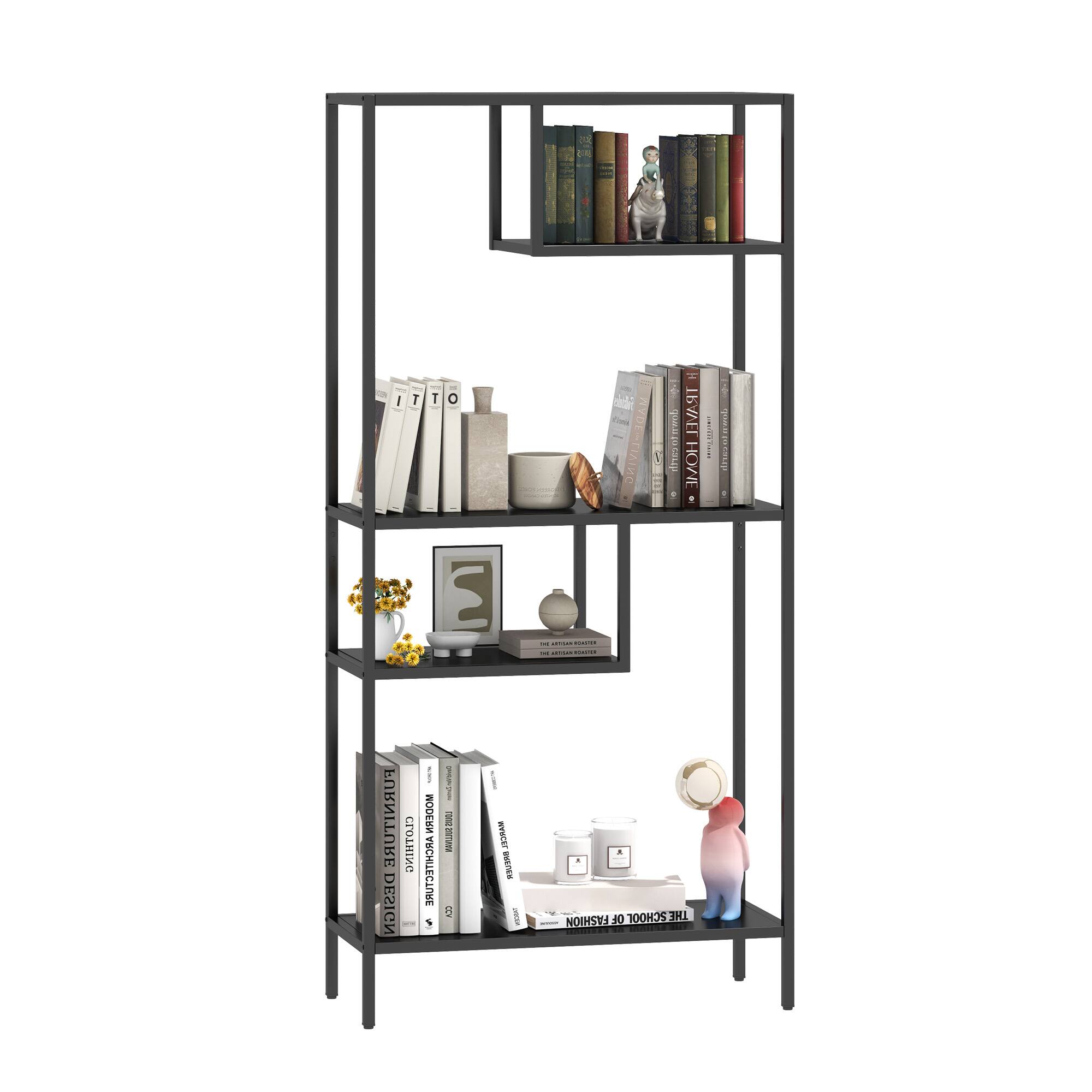 Ecooso - Modern Storage Shelf with 4 Compartments & Metal Legs, Freestanding Organizer,Book Shelves Display Shelves for Home - Black