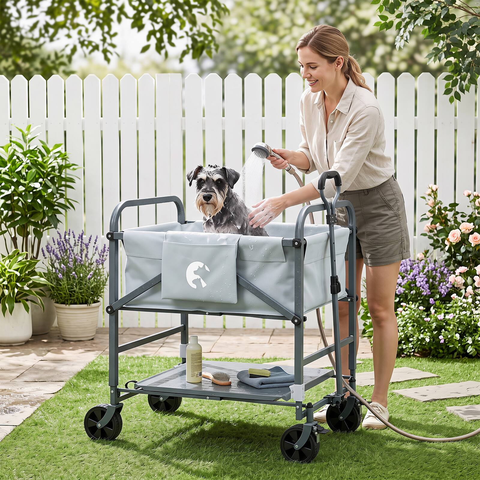 Alt View 1. Gymax - Gymax Foldable Dog Bath Cart w/ Adjustable Height & 4 Wheels Detachable Care Board Black & Grey - Gray.
