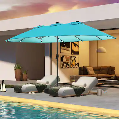 15ft patio market umbrella with base and solar light 15 ft Large 36 LED Light, Double Sided Rectangle Umbrella with Crank Handle for Patio, Backyard, Garden, Pool, without Advanced UV Protection Kozyard 15 ft. Rectangle Patio