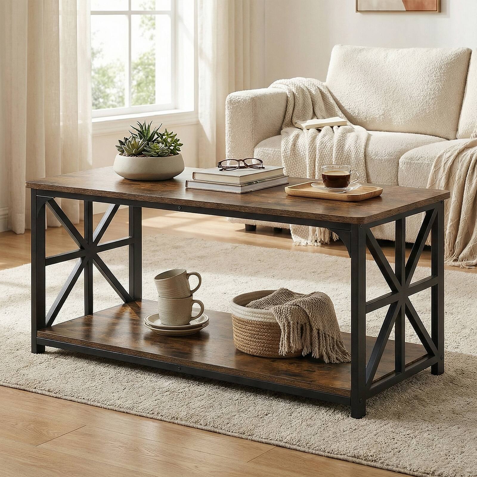 Alt View 4. Costway - Costway 2-Tier Coffee Table, Industrial Accent Table with Dual Star-shaped Metal Frames - Rustic Brown & Black.