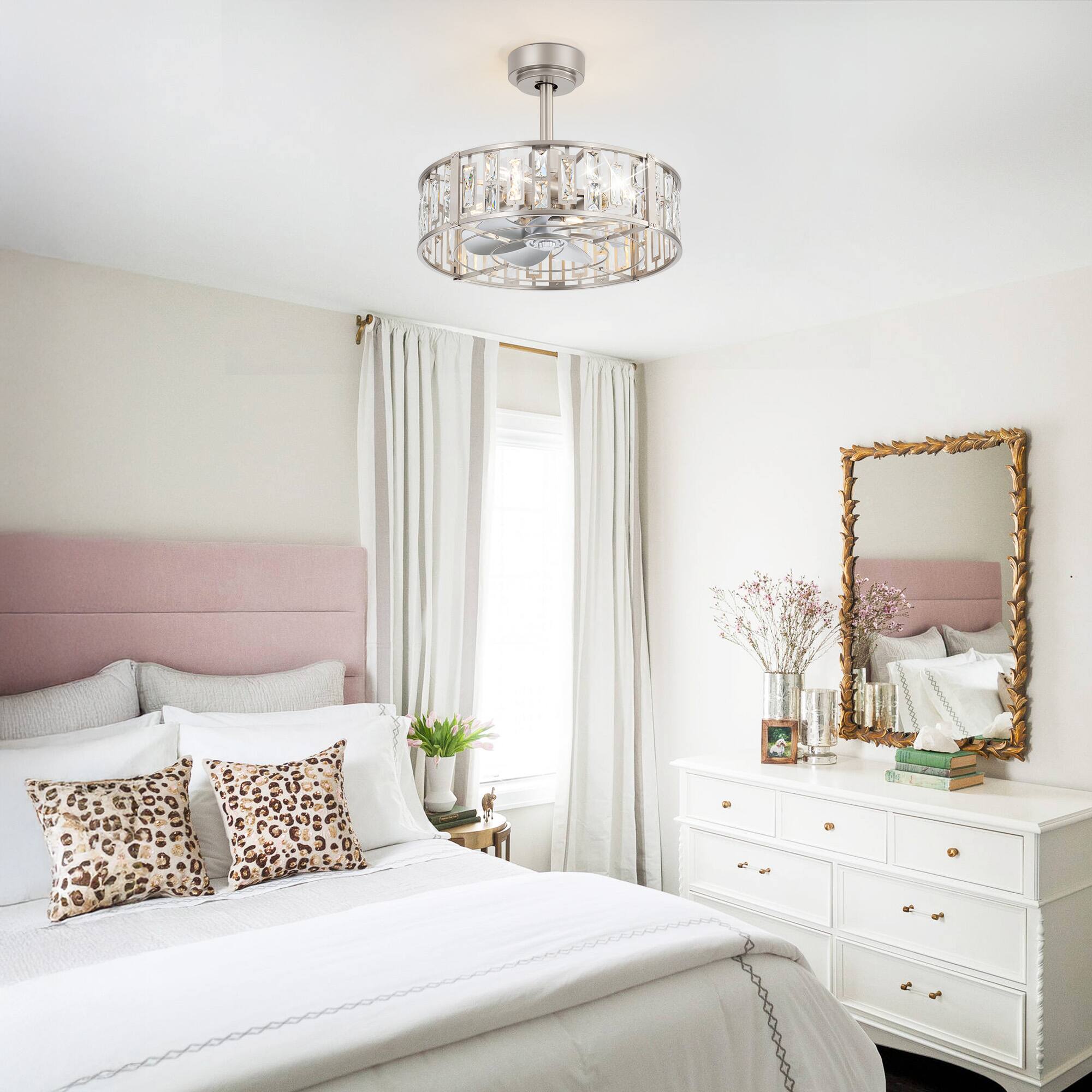 Alt View 2. Breezary - Breezary 20-In Cage Ceiling Fan with 7 ABS Blades, KD Version, DC Motor, 4''/8'' Downrods, Remote Control with Timer - Satin Nickel.